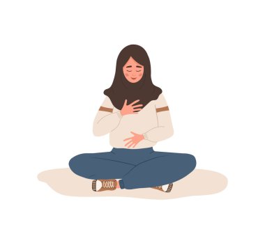 Abdominal solunum. Arap kadın rahatlamak için karnından nefes alma alıştırması yapıyor. Nefes farkındalığı yoga egzersizi. Beden, akıl ve duygular için meditasyon. Ruhani uygulama. Düz çizgi film vektör çizimi