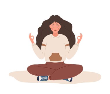 Nefes farkındalığı yoga egzersizi. Rahatlamak için karnından nefes almaya çalışan bir kadın. Beden, akıl ve duygular için meditasyon. Ruhani uygulama. Abdominal solunum. Düz çizgi film vektör çizimi