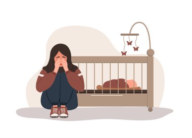 Doğum sonrası depresyonu. Arap yorgun kadın yerde oturuyor, ağlıyor ve dizlerine sarılıyor. Genç annenin psikolojik yardıma ihtiyacı var. Ruh hali bozukluğu. Çizgi film tarzında vektör illüstrasyonu