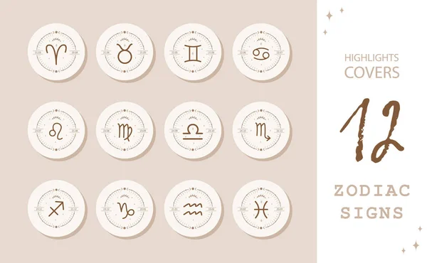 Zodiac tecken i boho stil. Höjdpunkter Berättelser Omslag för populära sociala medier. Uppsättning astrologiska ikoner isolerade på vit bakgrund. Mysterium och esoterisk. Horoskop logotyp vektor illustration — Stock vektor