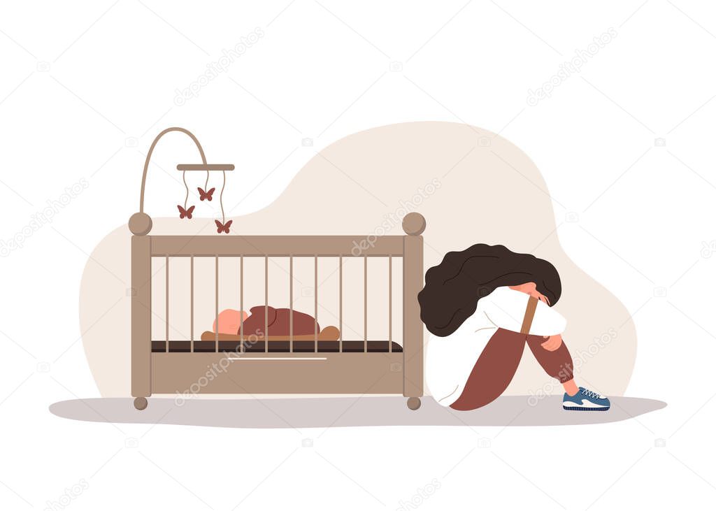 Postpartum depression. Sad tired woman sitting on the floor, crying and hugging her knees. Young mother needs psychological help. Mood disorder. Vector illustration in flat cartoon style
