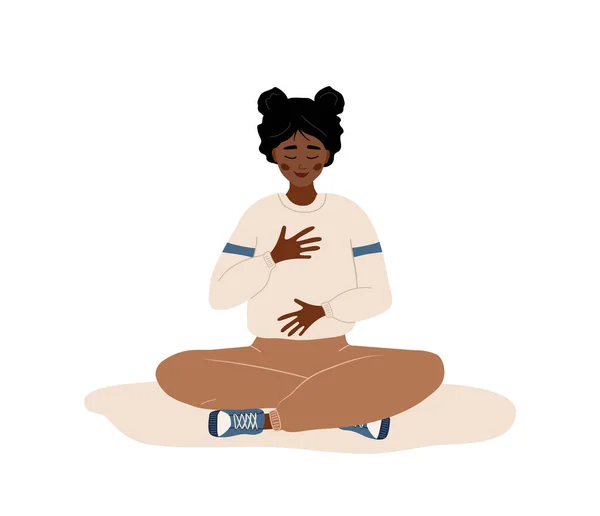 Κοιλιακή αναπνοή. Αφρικανή που εξασκείται στην αναπνοή της κοιλιάς για χαλάρωση. Άσκηση γιόγκα αναπνοής. Διαλογισμός για σώμα, μυαλό και συναισθήματα. Πνευματική εξάσκηση. Εικονογράφηση φορέα κινουμένων σχεδίων — Διανυσματικό Αρχείο