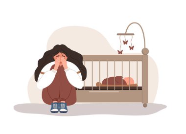 Doğum sonrası depresyonu. Üzgün, yorgun kadın yerde oturuyor, ağlıyor ve dizlerine sarılıyor. Genç annenin psikolojik yardıma ihtiyacı var. Ruh hali bozukluğu. Çizgi film tarzında vektör illüstrasyonu