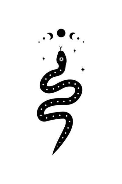 Serpiente mágica en estilo boho con luna. Símbolo místico en un estilo minimalista de moda. Ilustración vectorial esotérica — Vector de stock