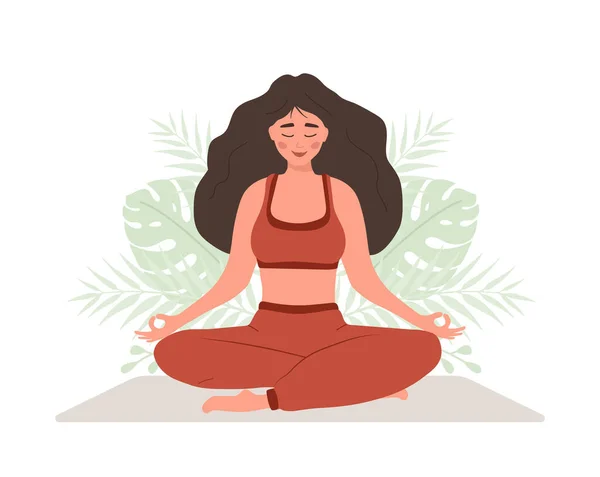 Respiration abdominale. Femme pratiquant la respiration du ventre pour une bonne relaxation. Exercice de yoga de conscience respiratoire. Méditation pour le corps, l'esprit et les émotions. Pratique spirituelle. Illustration vectorielle dessin animé plat — Image vectorielle