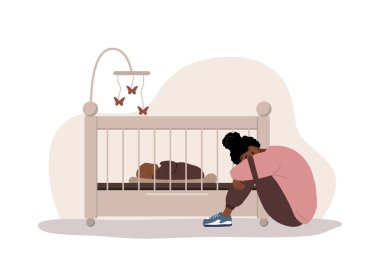 Doğum sonrası depresyonu. Afrikalı yorgun kadın yerde oturuyor, ağlıyor ve dizlerine sarılıyor. Genç annenin psikolojik yardıma ihtiyacı var. Ruh hali bozukluğu. Çizgi film tarzında vektör illüstrasyonu