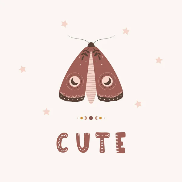 Affiche Moth Boho. Insecte avec des éléments célestes. Design scandinave pour papier peint pour enfants et décoration intérieure. Illustration vectorielle pastel mignonne dans le style de dessin animé — Image vectorielle