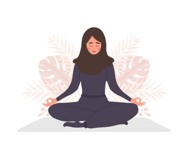 Abdominal solunum. Arap kadın rahatlamak için karnından nefes alma alıştırması yapıyor. Nefes farkındalığı yoga egzersizi. Beden, akıl ve duygular için meditasyon. Ruhani uygulama. Düz çizgi film vektör çizimi
