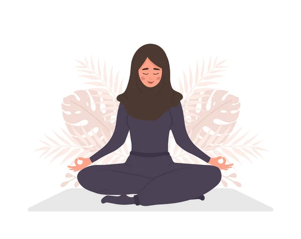 Abdominale ademhaling. Arabische vrouw oefent buikademhaling voor ontspanning. Adem bewustzijn yoga oefening. Meditatie voor lichaam, geest en emoties. Geestelijke oefening. Platte cartoon vector illustratie — Stockvector