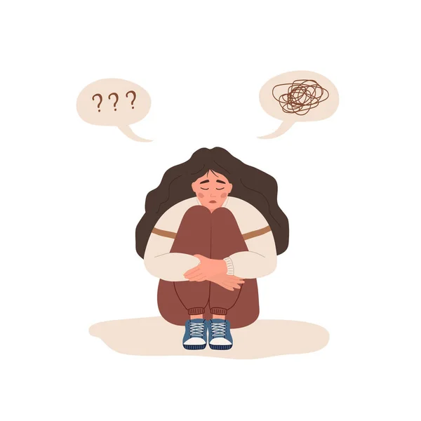 Mental health concept. Lonely woman sitting on floor and hugging knees. Depressed teenager needs psychological help. Mood disorder. Vector illustration in cartoon style — Image vectorielle