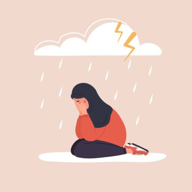 Yağmurlu bulutların altında oturan üzgün Arap kadın. Tesettürlü bunalımlı bir genç ağlıyor. Ruh hali bozukluğu konsepti. Mutsuz kızın psikolojik yardıma ihtiyacı var. Çizgi film tarzında vektör illüstrasyonu