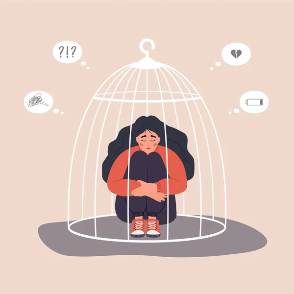 Woman locked in cage. Unhappy female character sitting on floor and hugging knees. Female empowerment movement. Vector illustration in cartoon style — Stock Vector