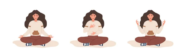 La respiración abdominal. Mujer practicando la respiración abdominal para una buena relajación. Ejercicio de yoga de conciencia respiratoria. Meditación para cuerpo, mente y emociones. Práctica espiritual. ilustración plana vector de dibujos animados — Vector de stock