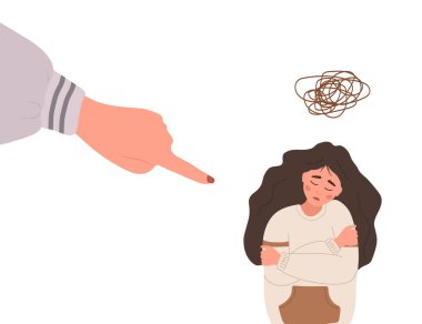 Sosyal zorbalık. Parmaklar üzgün kızı işaret ediyor. Depresyonda bir genç yerde oturup ağlıyor. Okulda şiddet var. Çizgi film tarzında vektör illüstrasyonu