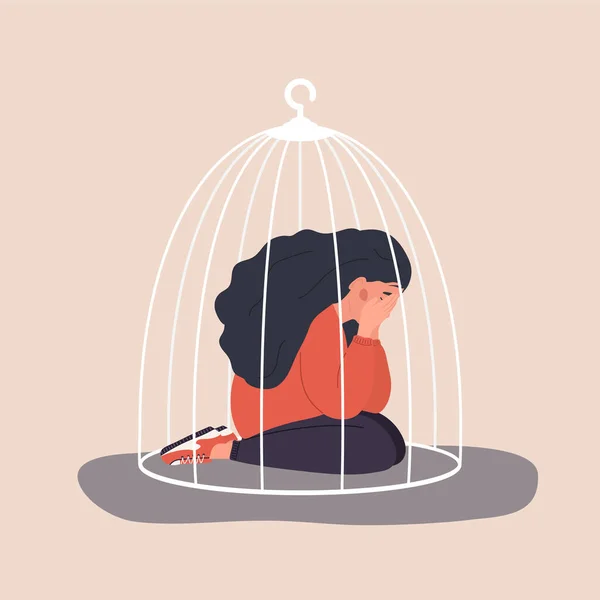 Woman locked in cage. Sad teenager sitting on floor and crying. Social isolation concept. Female empowerment movement. Violence in family. Vector illustration in cartoon style — Stock Vector