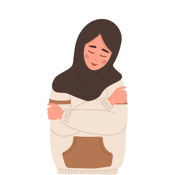 Ama-te. Autocuidado. Conceito de saúde mental. Mulher árabe feliz no hijab abraçando-se. Adolescente sorridente desfruta de sua liberdade. Ilustração vetorial em estilo de desenho animado plano —  Vetores de Stock