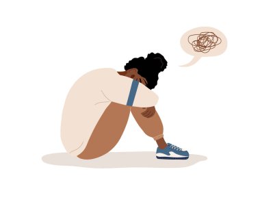 Depresyondaki Afrikalı kadın. Üzgün ergen yerde oturup ağlıyor. Aile içi şiddet ya da ruh hali bozukluğu kavramı. Çizgi film tarzında vektör illüstrasyonu