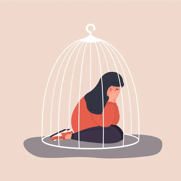 Müslüman kadın kafese kapatıldı. Üzgün ergen yerde oturup ağlıyor. Sosyal izolasyon kavramı. Kadın yetkilendirme hareketi. Aile içi şiddet. Çizgi film tarzında vektör illüstrasyonu — Stok Vektör