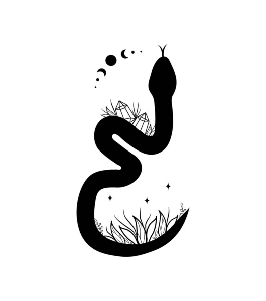 Serpiente mágica en estilo boho con luna. Símbolo místico en un estilo minimalista de moda. Ilustración vectorial esotérica — Archivo Imágenes Vectoriales