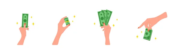 转移资金。女性手拿着绿色钞票。捐赠、慈善或发薪日的概念。财务符号。银行或商业服务。平面卡通风格的矢量插图 — 图库矢量图片