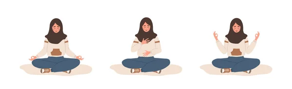 La respiración abdominal. Mujer árabe practicando respiración abdominal para relajarse. Ejercicio de yoga de conciencia respiratoria. Meditación para cuerpo, mente y emociones. Práctica espiritual. ilustración plana vector de dibujos animados — Vector de stock
