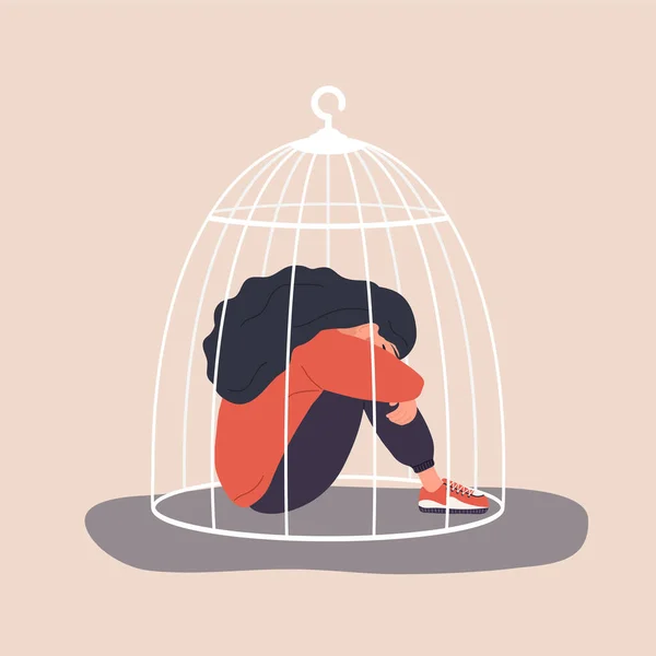 Woman locked in cage. Sad girl needs psychological help. Social isolation concept. Female empowerment movement. Violence in family. Vector illustration in cartoon style — Stock Vector