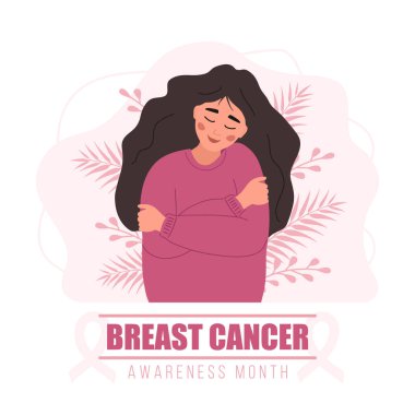 Göğüs kanseri farkındalığı ayı posteri. Mutlu kadın kendini kucaklıyor. Yıllık uluslararası sağlık kampanyası. Çizgi film tarzında vektör illüstrasyonu