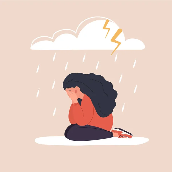 Sad woman sitting under rainy cloud. Depressed teenager crying. Mood disorder concept. Unhappy girl needs psychological help. Vector illustration in cartoon style — Stock Vector