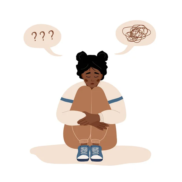 Concepto de salud mental. Mujer africana solitaria sentada en el suelo y abrazando rodillas. Adolescente deprimido necesita ayuda psicológica. Trastorno del humor. Ilustración vectorial en estilo de dibujos animados — Vector de stock