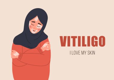 Vitiligo 'su olan Müslüman kadın. Kendine dikkat et ve kendini sev. Dünya Vitiligo Günü. Deri hastalığı. Kendine sarılan tesettürlü bir kız. Çizgi film tarzında vektör illüstrasyonu
