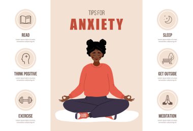 Endişe için ipuçları. Akıl sağlığı konsepti. Lotus pozisyonunda meditasyon yapan mutlu Afrikalı kadın. Psikoterapi bilgisi. Ruh hali bozukluğu. Çizgi film tarzında vektör illüstrasyonu