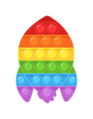 Kıpırdayın. Moda duyusal oyuncaklar. Roket şekilli stres önleyici çocuk oyunu. Köpüklü renkli bir el oyuncağı. Çizgi film tarzında vektör illüstrasyonu