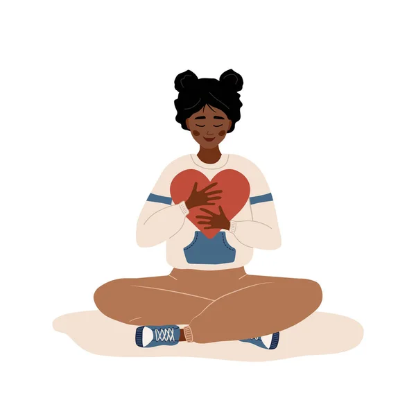 Aime toi. L'auto-soin. Concept de santé mentale. Heureuse femme africaine embrassant le cœur rouge. Une adolescente souriante jouit de sa liberté. Illustration vectorielle en style dessin animé plat — Image vectorielle