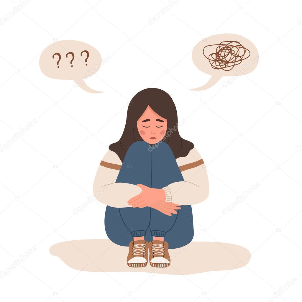 Mental health concept. Lonely muslim woman sitting on floor and hugging knees. Depressed teenager needs psychological help. Mood disorder. Vector illustration in cartoon style