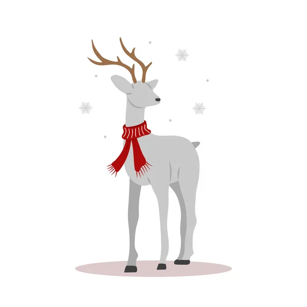 Rennes de Noël en écharpe. Mignon cerf avec des bois. Élément design hiver. Illustration vectorielle en style dessin animé plat — Image vectorielle