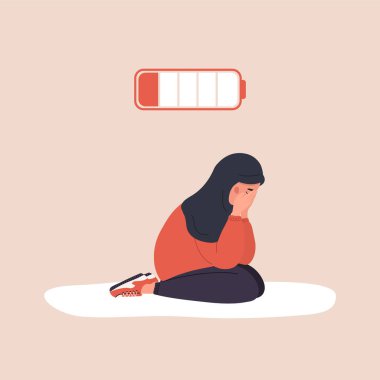 Profesyonel patinaj. Düşük bataryalı yorgun bir Arap kız yerde oturuyor ve ağlıyor. Akıl sağlığı sorunu. Son teslim tarihi, stres ve yorgunluk konsepti. Çizgi film tarzında vektör illüstrasyonu