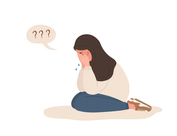 Muselman kvinna i depression. Sorgsen tonåring i hijab sitter på golvet och gråter. Våld i familjen eller humörstörningar. Vektor illustration i platt tecknad stil — Stock vektor