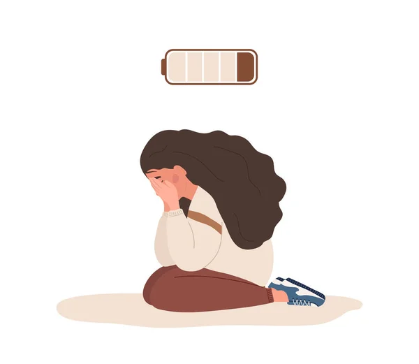 Emotional burnout. Sad teenager with low battery sitting on floor and crying. Mental health problem. Deadline, stress and fatigue concept. Vector illustration in flat cartoon style — Stock Vector