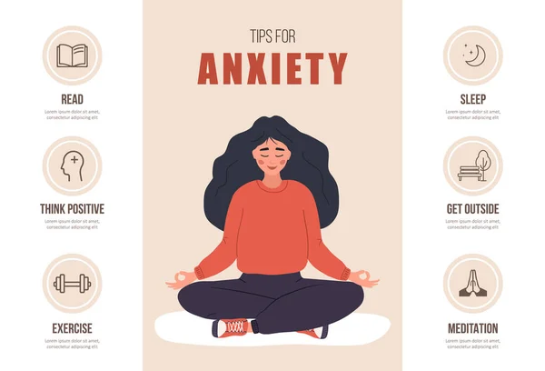 Tips voor angst. Geestelijke gezondheid concept. Gelukkige vrouw mediterend in lotuspositie. Infographic van psychotherapie. Stemmingsstoornis. Vector illustratie in platte cartoon stijl — Stockvector