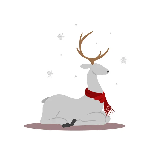 スカーフでクリスマスのトナカイ。鹿の角が可愛い。冬のデザイン要素。平面漫画風のベクトルイラスト — ストックベクタ