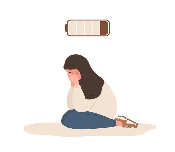 Emocjonalne wypalenie. Smutny arabski nastolatek z niską baterią siedzi na podłodze i płacze. Problem ze zdrowiem psychicznym. Termin, stres i koncepcja zmęczenia. Ilustracja wektora w stylu płaskiej kreskówki — Wektor stockowy
