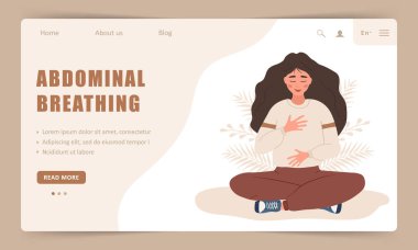 Diyafragmatik nefes. İniş sayfası şablonu. İyi bir rahatlama için karın nefes alma alıştırması yapan bir kız. Beden, akıl ve duygular için meditasyon. Ruhani uygulama. Düz çizgi film vektör çizimi