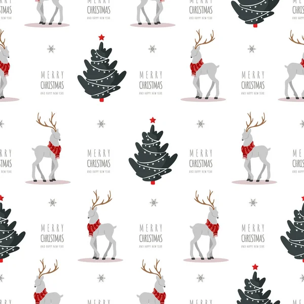 Ren geyikleri ve ağaçlarla Noel deseni. Boynuzları ve atkıları olan sevimli geyikler. Kış baskısı Kusursuz bir geçmiş. Çizgi film tarzında vektör illüstrasyonu — Stok Vektör