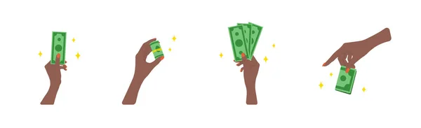 转移资金。非洲女性的手发放绿色钞票。捐赠、慈善或发薪日的概念。财务符号。银行或商业服务。平面卡通风格的矢量插图 — 图库矢量图片