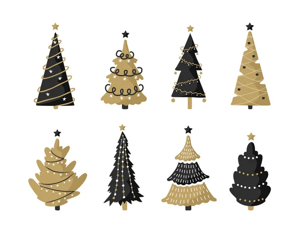 Set aus schwarzen und goldenen Weihnachtsbaum-Ikonen. Weihnachtssymbol, einfache Piktogrammsammlung. Gestaltungselement der Wintersaison. Silhouette des neuen Jahres. Vektorillustration im flachen Stil. — Stockvektor