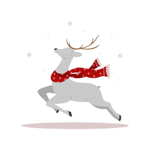 Eşarplı Noel geyiği. Boynuzları olan sevimli bir geyik. Kış tasarım elemanı. Çizgi film tarzında vektör illüstrasyonu — Stok Vektör