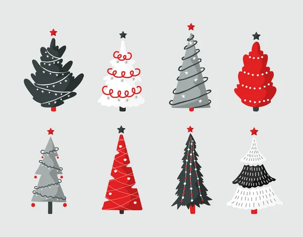 Conjunto de iconos de árbol de navidad gris y rojo. Símbolo de Navidad, simple colección de pictogramas. Elemento de diseño temporada invierno. Signo de silueta de año nuevo. Ilustración vectorial en estilo plano — Vector de stock