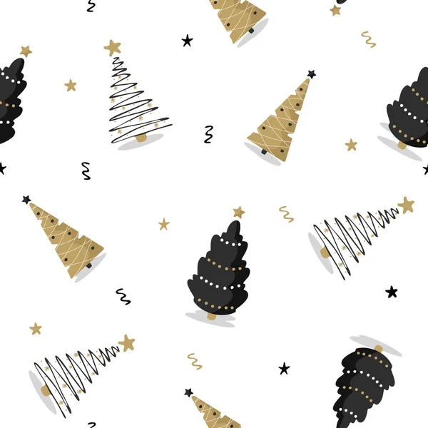Sömlöst mönster med svart och guld julgran. Vintersäsongens tryck. Nyårsdesign för kort, bakgrunder, tyg, omslagspapper. Vektor illustration i platt tecknad stil — Stock vektor