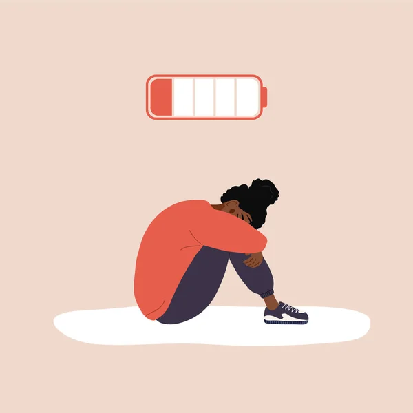 Професійне вигорання. Виснажена африканська дівчина з низькою батареєю сидить на підлозі і плаче. Проблема психічного здоров'я. Дедлайн, стрес та концепція втоми. Векторні ілюстрації в стилі плоского мультфільму — стоковий вектор