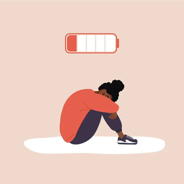 Épuisement professionnel. Fille africaine épuisée avec batterie faible assis sur le sol et pleurer. Problème de santé mentale. Date limite, concept de stress et de fatigue. Illustration vectorielle en style dessin animé plat — Image vectorielle